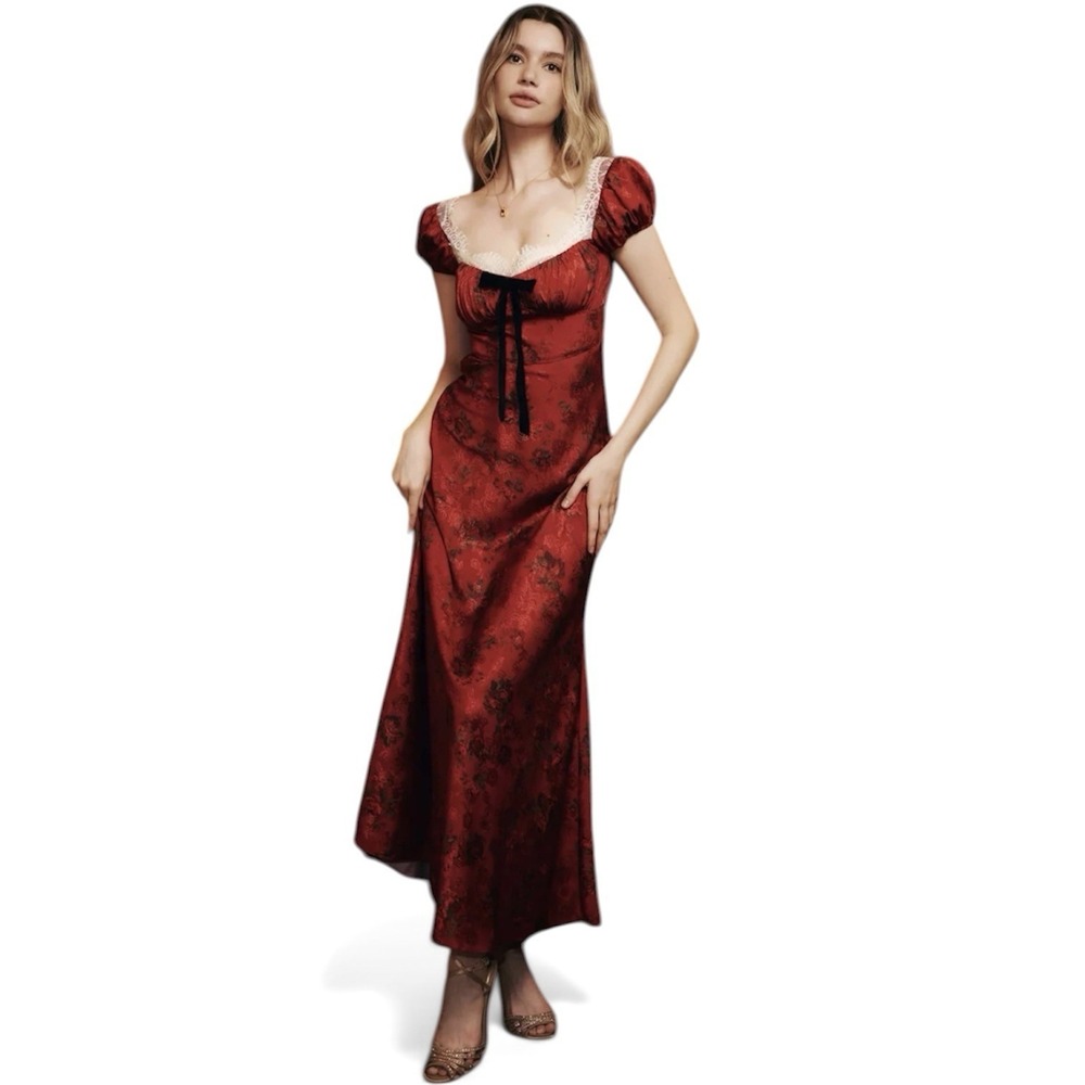 American Heiress Caroline Jacquard Satin Maxi Dress in Rose Red S Bridgeton
